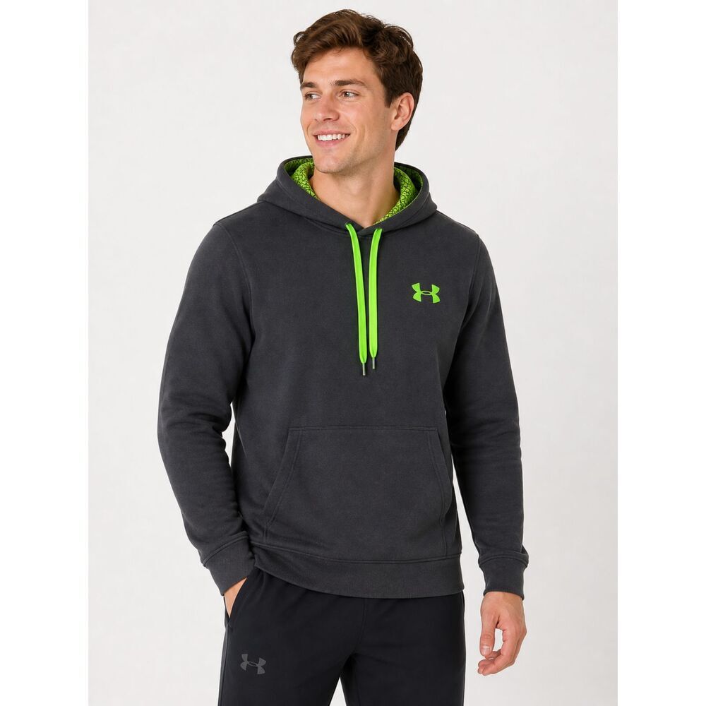 Under Armour Men S‎ Gray Neon Green Hoodie Pullover Sweatshirt Fleece Lined Logo